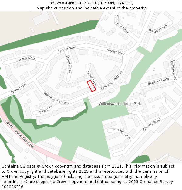 36, WOODING CRESCENT, TIPTON, DY4 0BQ: Location map and indicative extent of plot