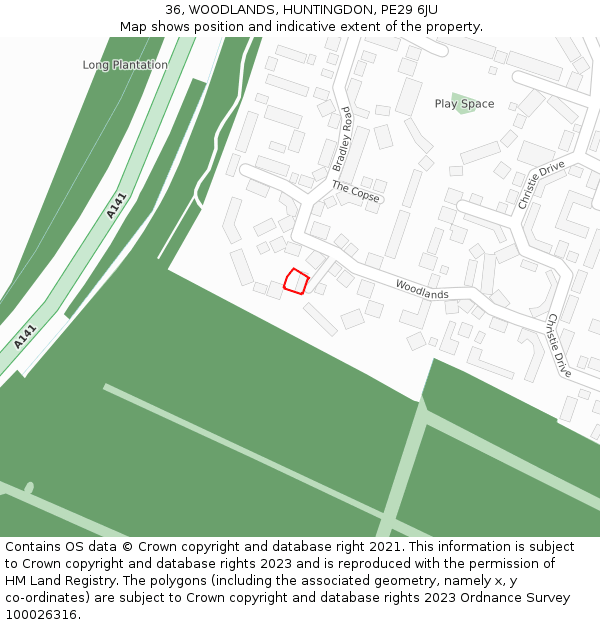 36, WOODLANDS, HUNTINGDON, PE29 6JU: Location map and indicative extent of plot