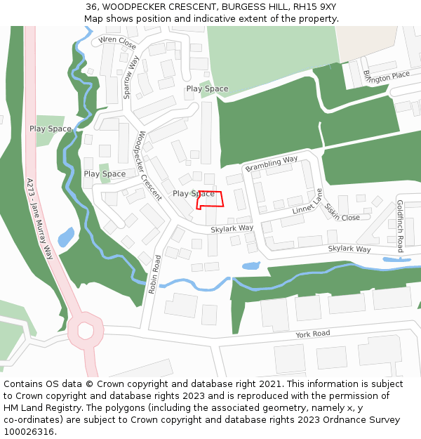 36, WOODPECKER CRESCENT, BURGESS HILL, RH15 9XY: Location map and indicative extent of plot