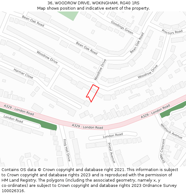 36, WOODROW DRIVE, WOKINGHAM, RG40 1RS: Location map and indicative extent of plot