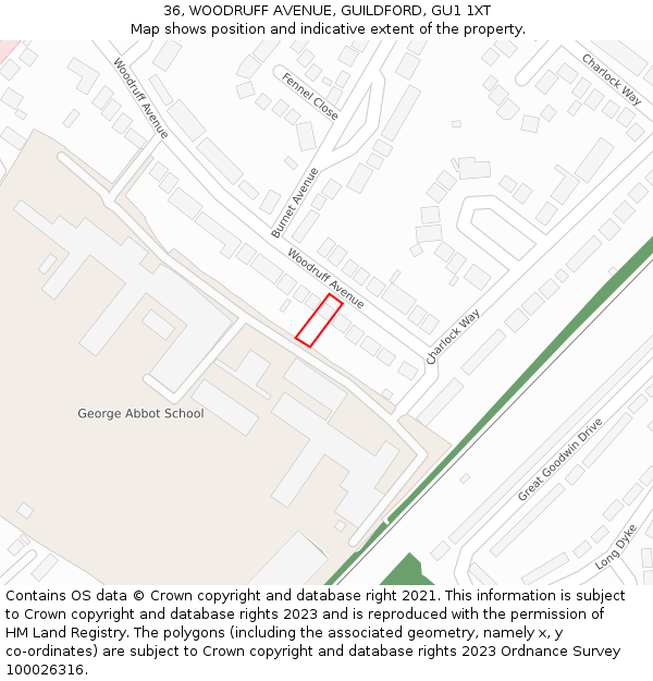 36, WOODRUFF AVENUE, GUILDFORD, GU1 1XT: Location map and indicative extent of plot