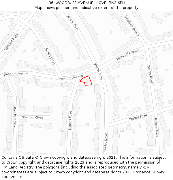 36, WOODRUFF AVENUE, HOVE, BN3 6PH: Location map and indicative extent of plot