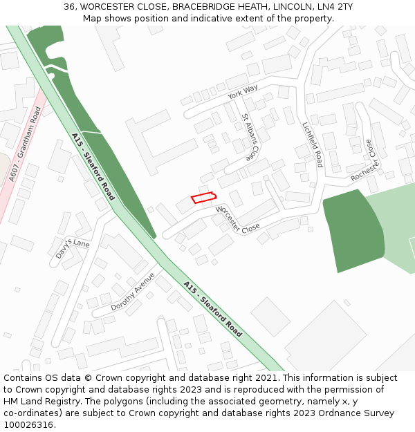 36, WORCESTER CLOSE, BRACEBRIDGE HEATH, LINCOLN, LN4 2TY: Location map and indicative extent of plot