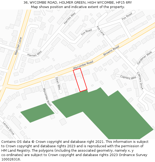 36, WYCOMBE ROAD, HOLMER GREEN, HIGH WYCOMBE, HP15 6RY: Location map and indicative extent of plot