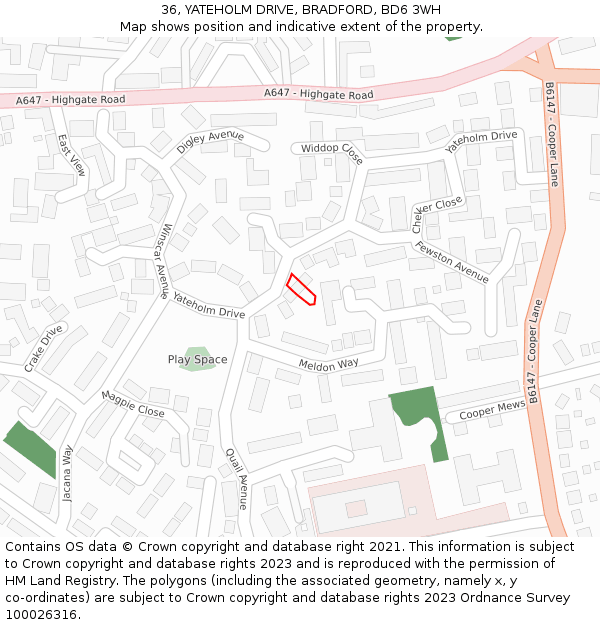 36, YATEHOLM DRIVE, BRADFORD, BD6 3WH: Location map and indicative extent of plot