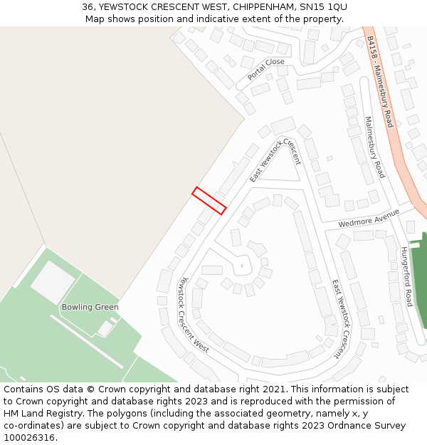 36, YEWSTOCK CRESCENT WEST, CHIPPENHAM, SN15 1QU: Location map and indicative extent of plot