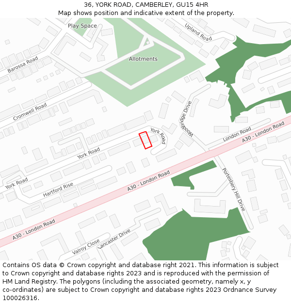 36, YORK ROAD, CAMBERLEY, GU15 4HR: Location map and indicative extent of plot