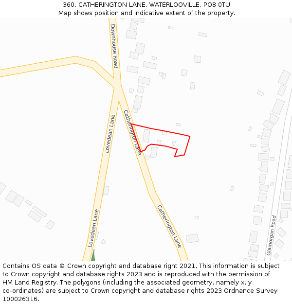 360, CATHERINGTON LANE, WATERLOOVILLE, PO8 0TU: Location map and indicative extent of plot