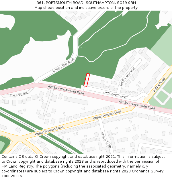 361, PORTSMOUTH ROAD, SOUTHAMPTON, SO19 9BH: Location map and indicative extent of plot