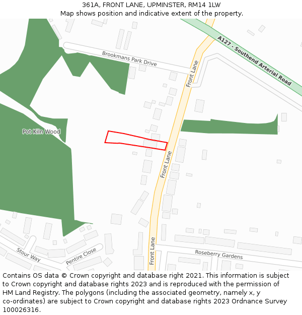 361A, FRONT LANE, UPMINSTER, RM14 1LW: Location map and indicative extent of plot