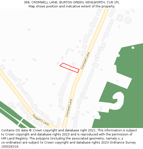 368, CROMWELL LANE, BURTON GREEN, KENILWORTH, CV8 1PL: Location map and indicative extent of plot