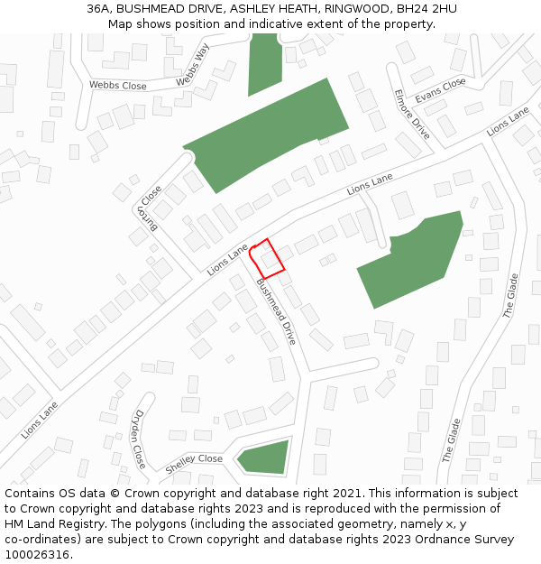 36A, BUSHMEAD DRIVE, ASHLEY HEATH, RINGWOOD, BH24 2HU: Location map and indicative extent of plot