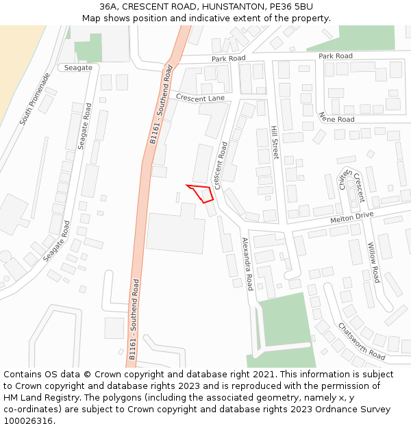 36A, CRESCENT ROAD, HUNSTANTON, PE36 5BU: Location map and indicative extent of plot