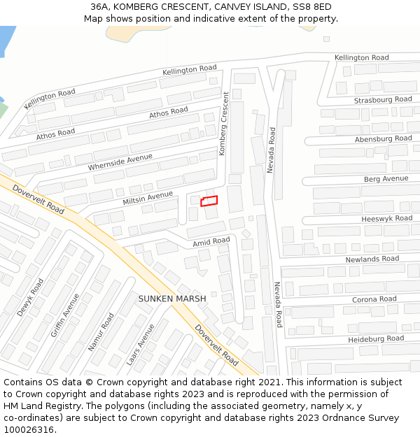 36A, KOMBERG CRESCENT, CANVEY ISLAND, SS8 8ED: Location map and indicative extent of plot