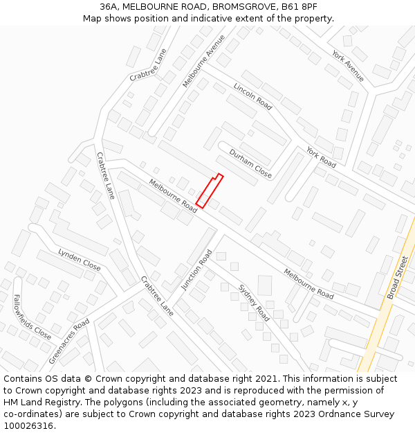 36A, MELBOURNE ROAD, BROMSGROVE, B61 8PF: Location map and indicative extent of plot