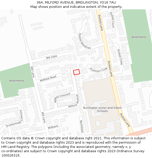 36A, MILFORD AVENUE, BRIDLINGTON, YO16 7AU: Location map and indicative extent of plot