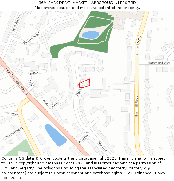 36A, PARK DRIVE, MARKET HARBOROUGH, LE16 7BD: Location map and indicative extent of plot