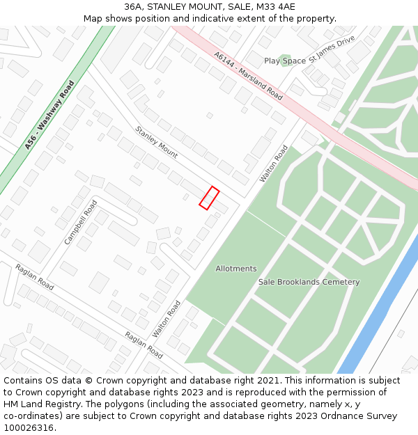 36A, STANLEY MOUNT, SALE, M33 4AE: Location map and indicative extent of plot