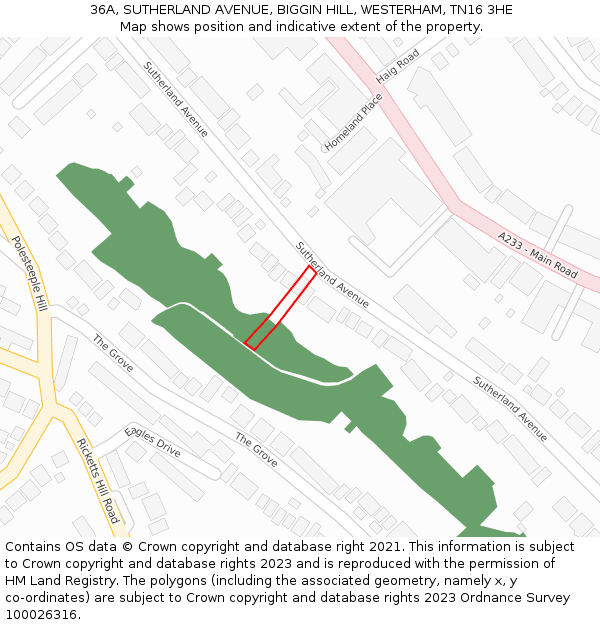 36A, SUTHERLAND AVENUE, BIGGIN HILL, WESTERHAM, TN16 3HE: Location map and indicative extent of plot