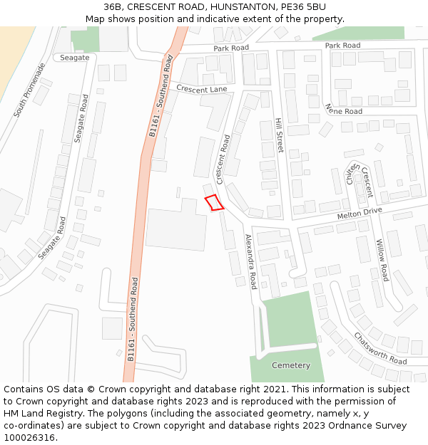 36B, CRESCENT ROAD, HUNSTANTON, PE36 5BU: Location map and indicative extent of plot