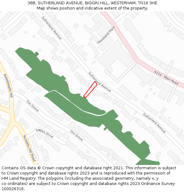 36B, SUTHERLAND AVENUE, BIGGIN HILL, WESTERHAM, TN16 3HE: Location map and indicative extent of plot