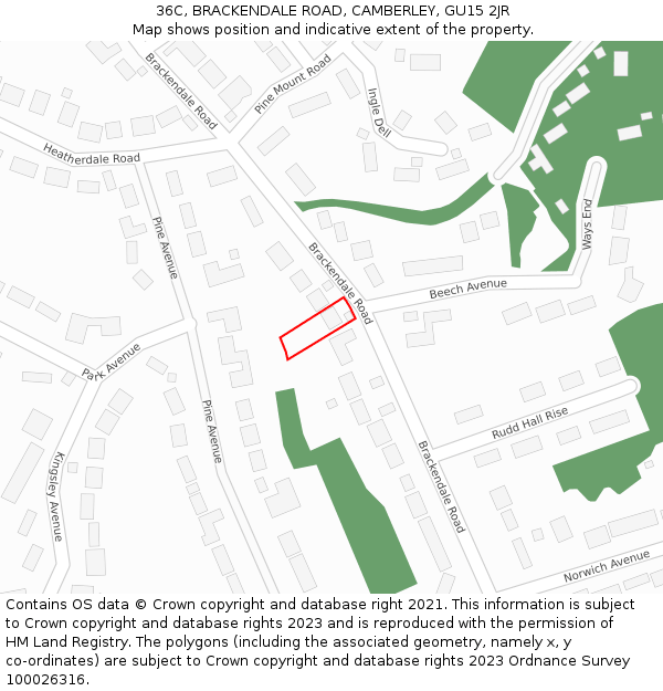 36C, BRACKENDALE ROAD, CAMBERLEY, GU15 2JR: Location map and indicative extent of plot