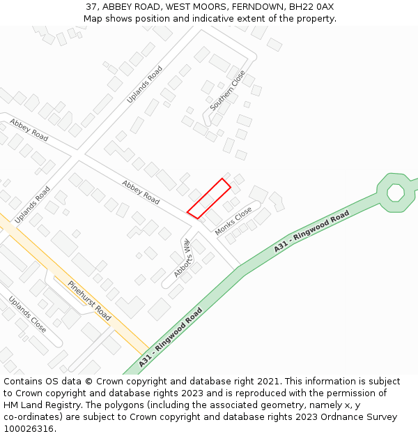 37, ABBEY ROAD, WEST MOORS, FERNDOWN, BH22 0AX: Location map and indicative extent of plot