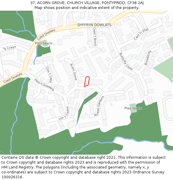 37, ACORN GROVE, CHURCH VILLAGE, PONTYPRIDD, CF38 2AJ: Location map and indicative extent of plot