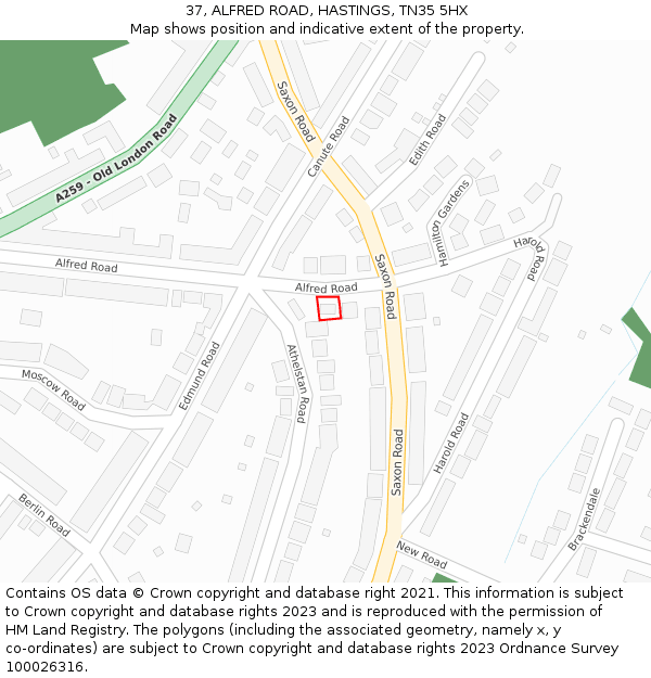 37, ALFRED ROAD, HASTINGS, TN35 5HX: Location map and indicative extent of plot