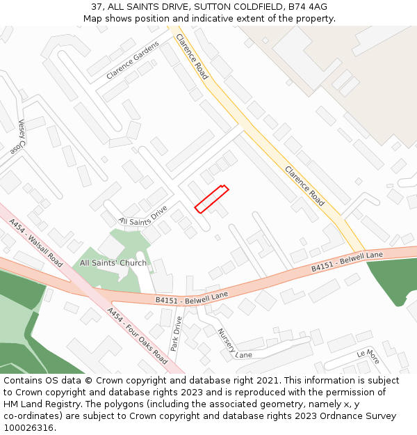 37, ALL SAINTS DRIVE, SUTTON COLDFIELD, B74 4AG: Location map and indicative extent of plot