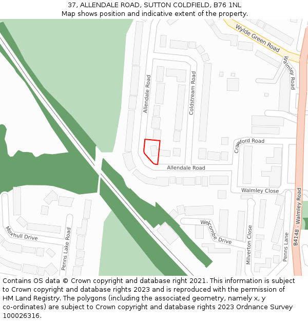 37, ALLENDALE ROAD, SUTTON COLDFIELD, B76 1NL: Location map and indicative extent of plot