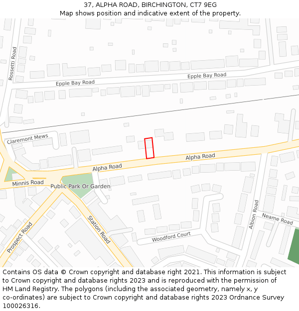 37, ALPHA ROAD, BIRCHINGTON, CT7 9EG: Location map and indicative extent of plot
