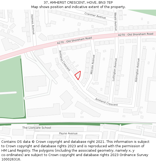 37, AMHERST CRESCENT, HOVE, BN3 7EP: Location map and indicative extent of plot