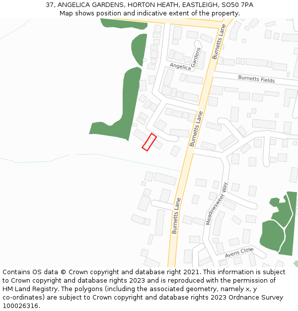 37, ANGELICA GARDENS, HORTON HEATH, EASTLEIGH, SO50 7PA: Location map and indicative extent of plot