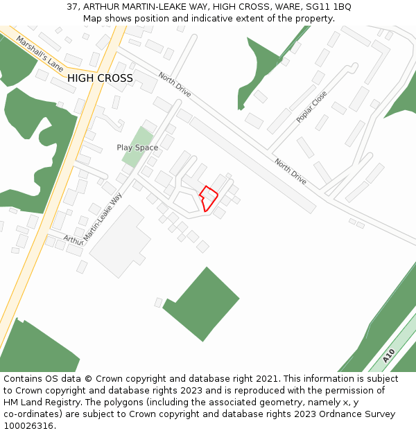 37, ARTHUR MARTIN-LEAKE WAY, HIGH CROSS, WARE, SG11 1BQ: Location map and indicative extent of plot