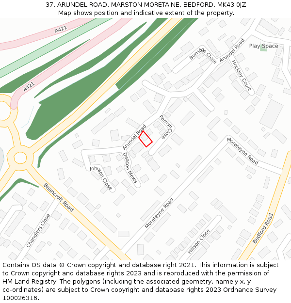 37, ARUNDEL ROAD, MARSTON MORETAINE, BEDFORD, MK43 0JZ: Location map and indicative extent of plot