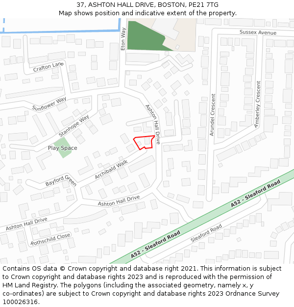 37, ASHTON HALL DRIVE, BOSTON, PE21 7TG: Location map and indicative extent of plot