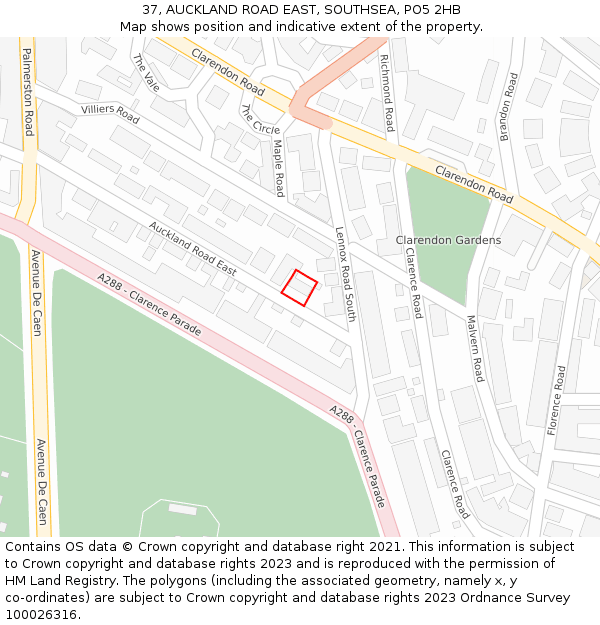 37, AUCKLAND ROAD EAST, SOUTHSEA, PO5 2HB: Location map and indicative extent of plot