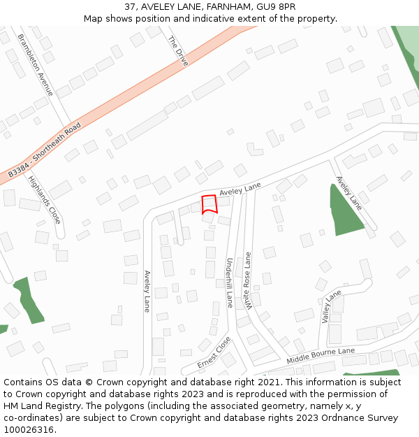 37, AVELEY LANE, FARNHAM, GU9 8PR: Location map and indicative extent of plot