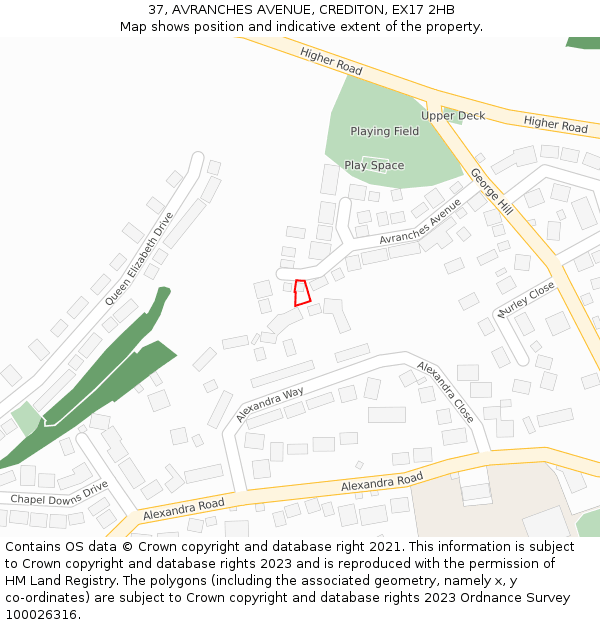 37, AVRANCHES AVENUE, CREDITON, EX17 2HB: Location map and indicative extent of plot