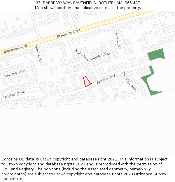 37, BARBERRY WAY, RAVENFIELD, ROTHERHAM, S65 4RE: Location map and indicative extent of plot