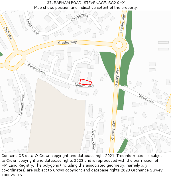 37, BARHAM ROAD, STEVENAGE, SG2 9HX: Location map and indicative extent of plot