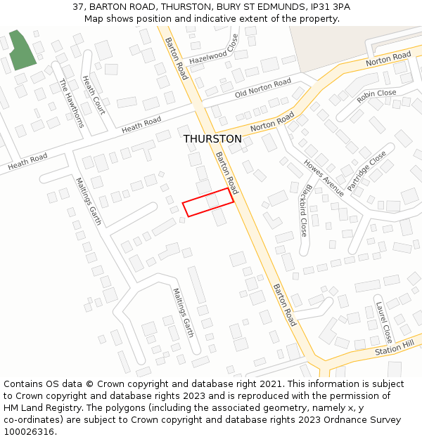 37, BARTON ROAD, THURSTON, BURY ST EDMUNDS, IP31 3PA: Location map and indicative extent of plot