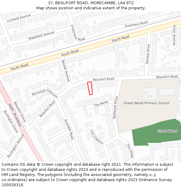 37, BEAUFORT ROAD, MORECAMBE, LA4 6TZ: Location map and indicative extent of plot