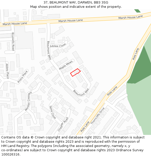 37, BEAUMONT WAY, DARWEN, BB3 3SG: Location map and indicative extent of plot
