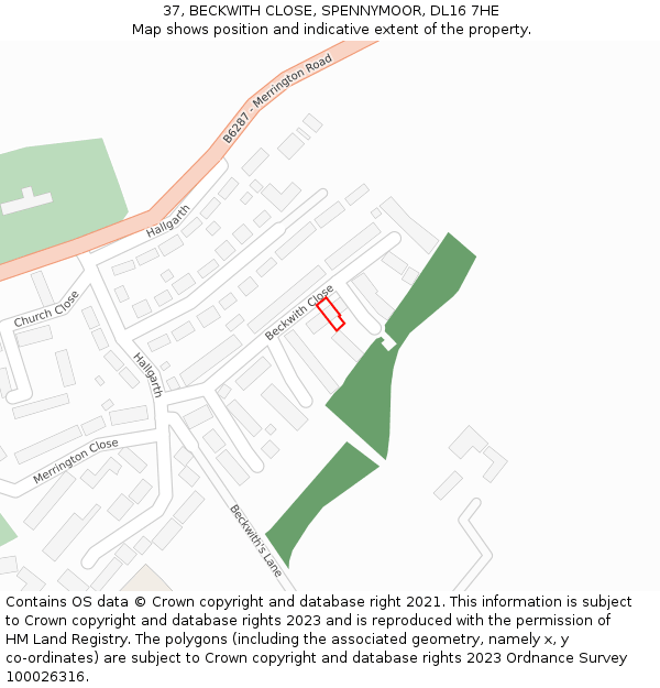 37, BECKWITH CLOSE, SPENNYMOOR, DL16 7HE: Location map and indicative extent of plot