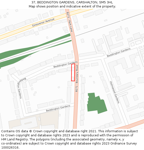 37, BEDDINGTON GARDENS, CARSHALTON, SM5 3HL: Location map and indicative extent of plot