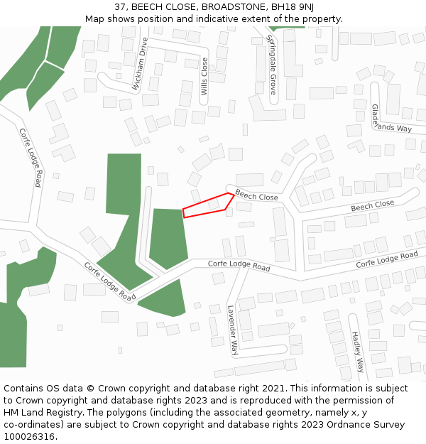 37, BEECH CLOSE, BROADSTONE, BH18 9NJ: Location map and indicative extent of plot