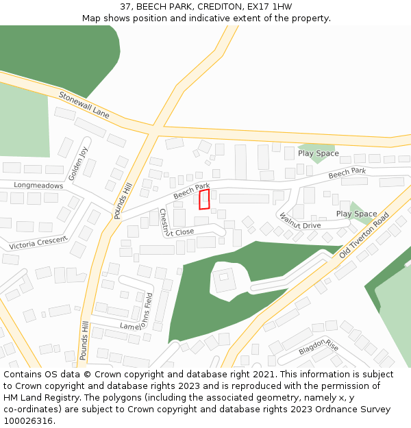 37, BEECH PARK, CREDITON, EX17 1HW: Location map and indicative extent of plot