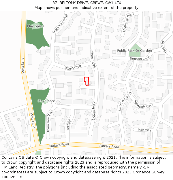 37, BELTONY DRIVE, CREWE, CW1 4TX: Location map and indicative extent of plot